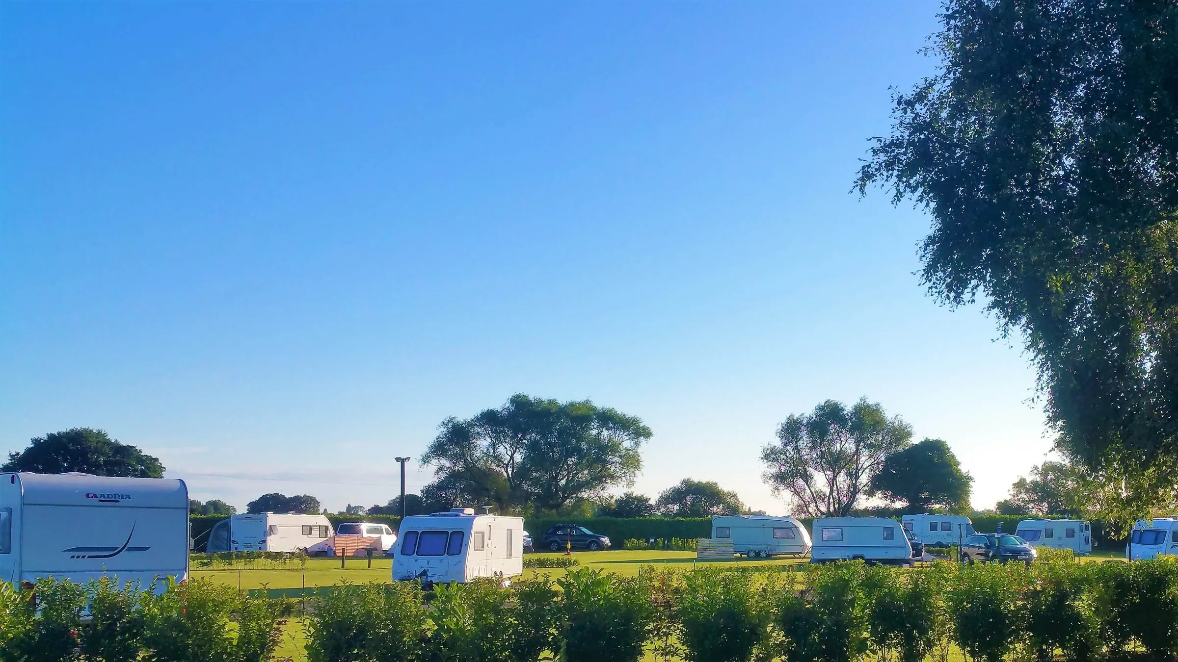 Caravans lined up under a clear blue summer sky